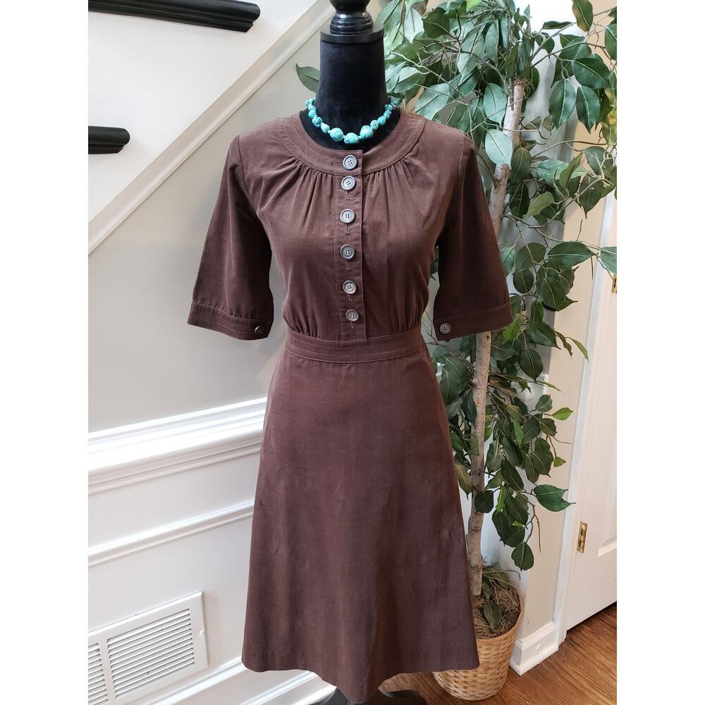 J. Crew A Line Dress Women's 6 Brown Corduroy Button-Up Short Sleeve Round Neck